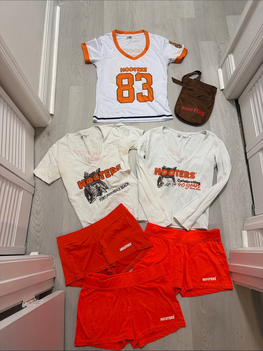Hooters White & Orange Logo Tee Trio with Orange Shorts and Brown Crossbody